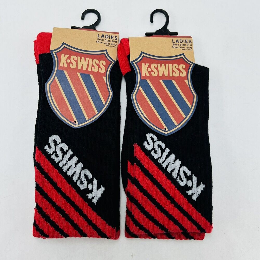 K Swiss Heritage Crew Socks Ladies Shoe Size 9-11 Black Red New